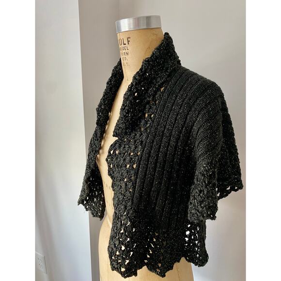 NYGARD COLLECTION Knit Short Sleeve Shrug in Black with Metallic Thread size S - Picture 4 of 8